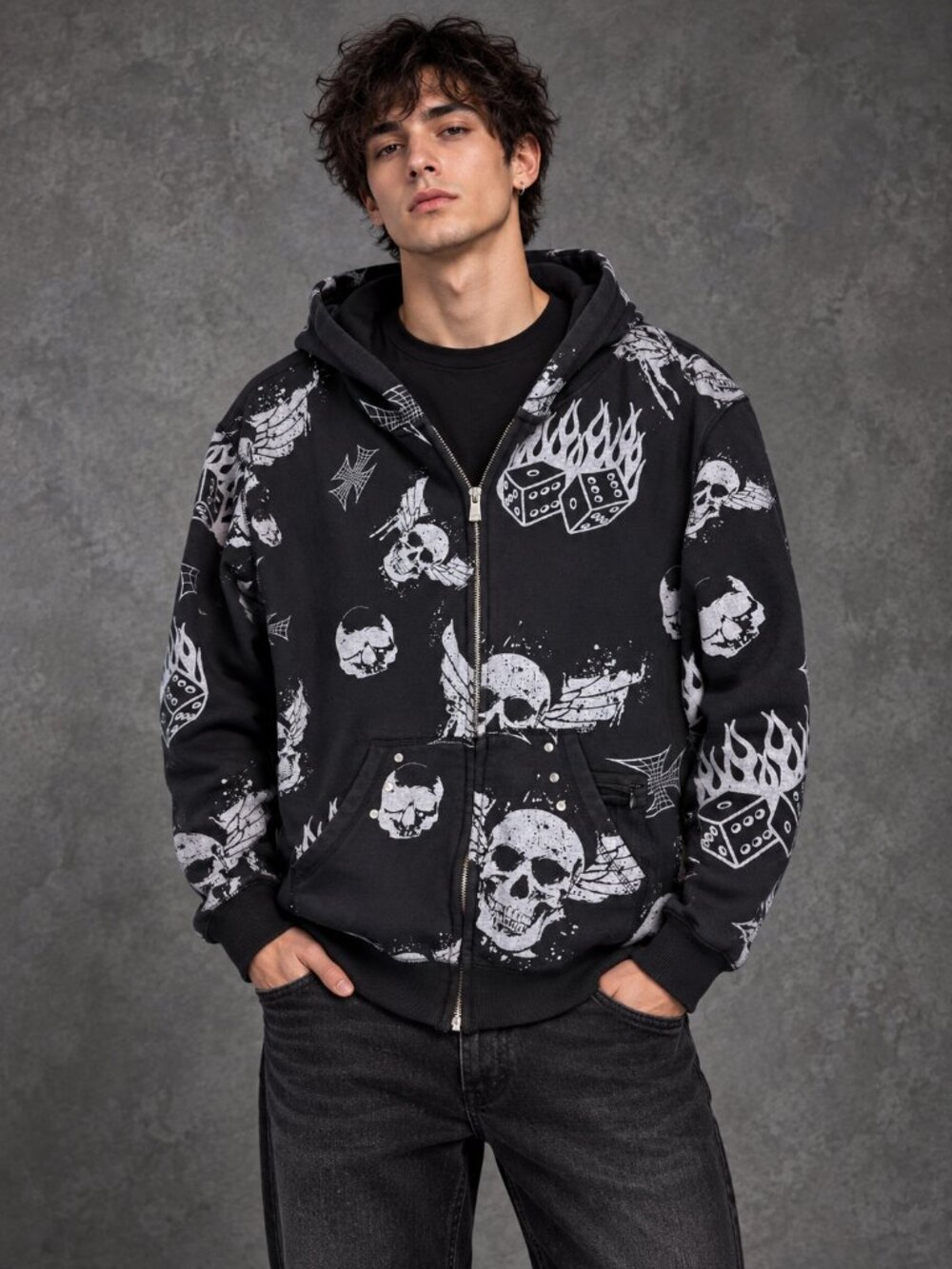 Top Heavy Zip Hoodie XL Black Skull Dice Graphic Y2K Emo Goth 2007